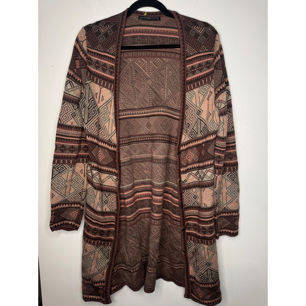 Peruvian Connection Geometric‎ Intarsia Knit Long Cardigan Sweater Brown Pink M